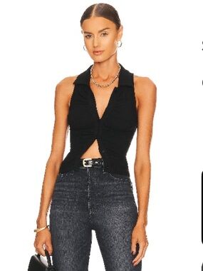 superdown Black Sleeveless Collared Twist-Front Tank